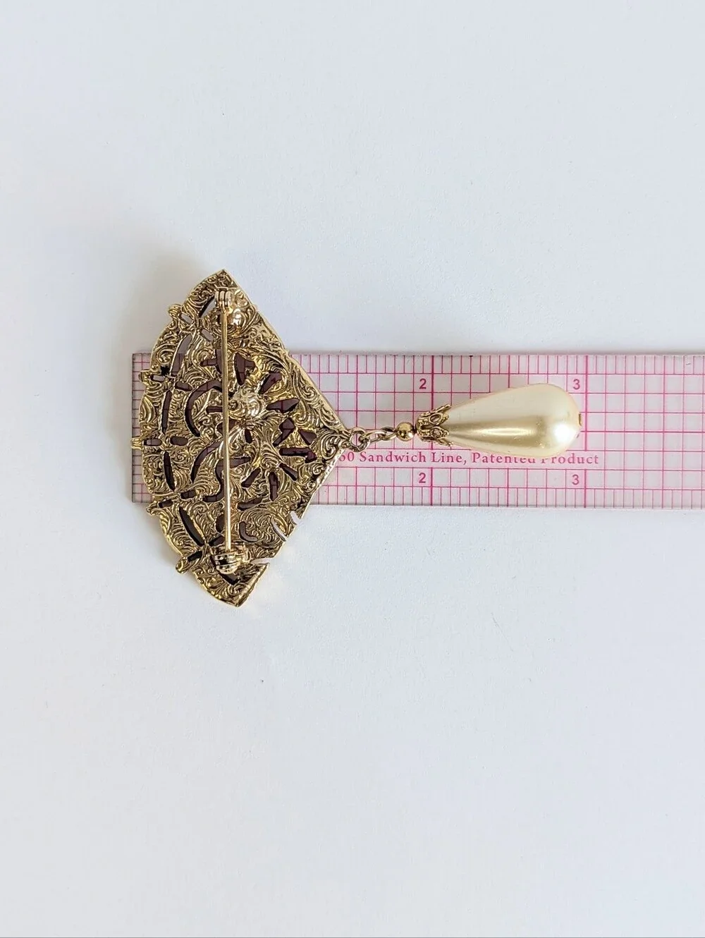 Vintage Art Deco Fan Brooch Pink Purple Rhinestones Faux Pearl Dangle Pin Gold
